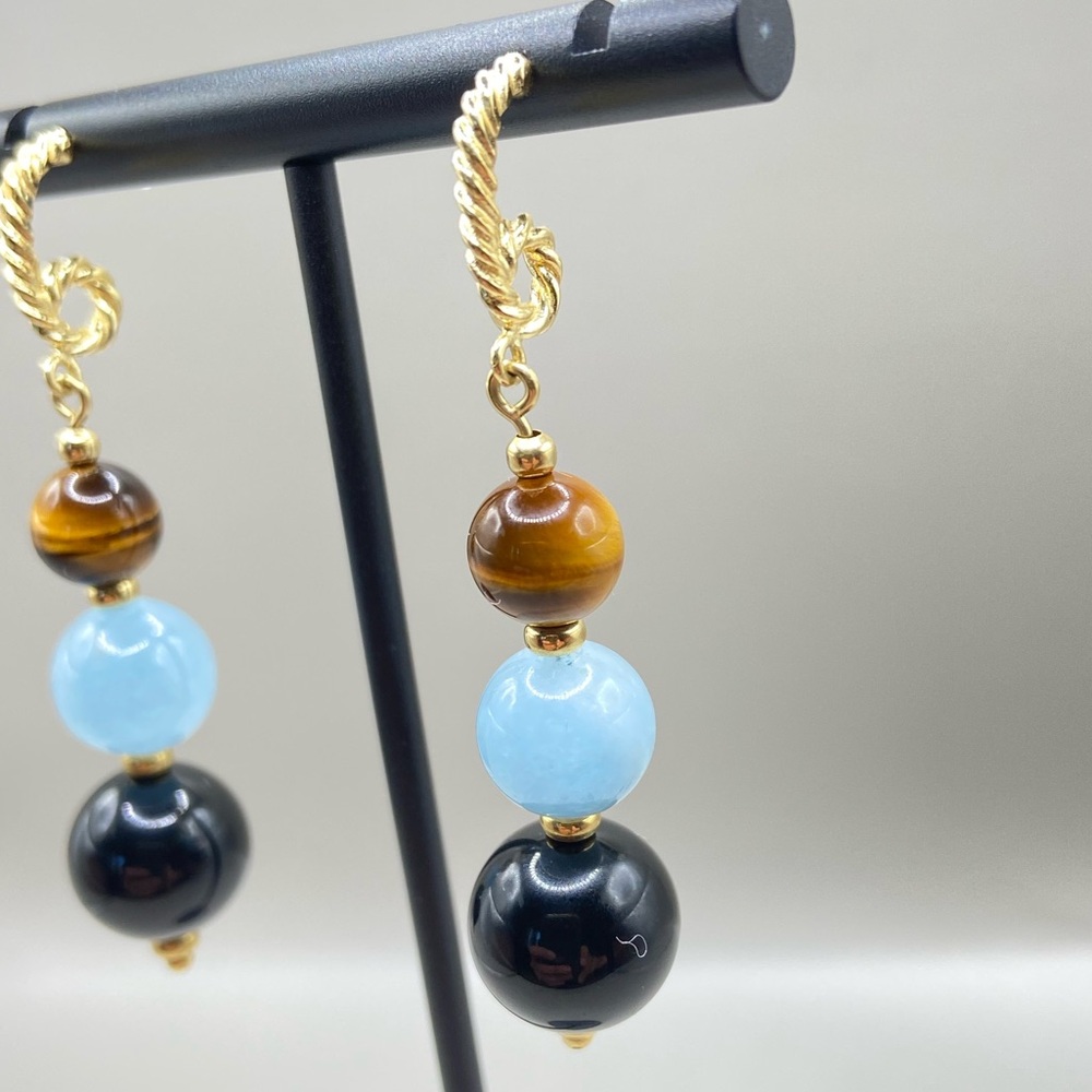 David Yurman 18K Yellow Gold Tiger Eye Black Onyx Bead Earrings - Picture 2 of 10
